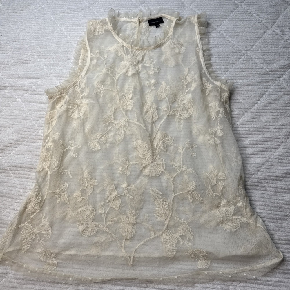 Who What Wear Top Ivory Large Sleeveless Mock Neck Floral Sheer Fairy Ethereal - Picture 3 of 9